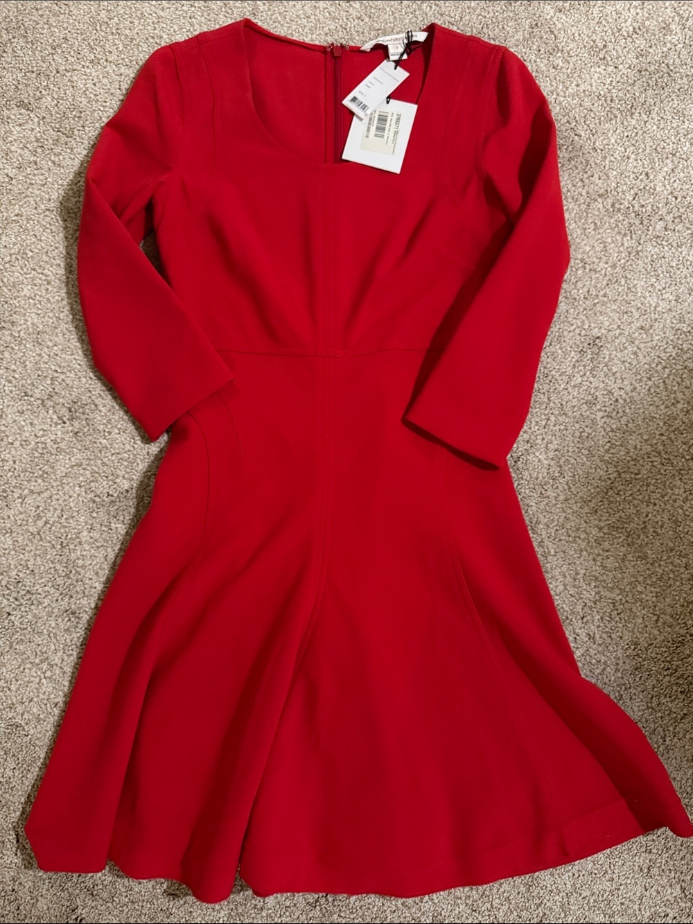 DVF Red Long Sleeve Fit-and-Flare Dress